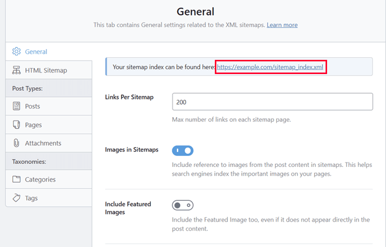 Sitemap Settings and Link