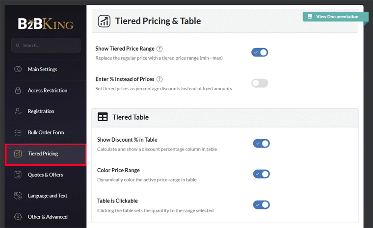 Tiered Pricing Settings