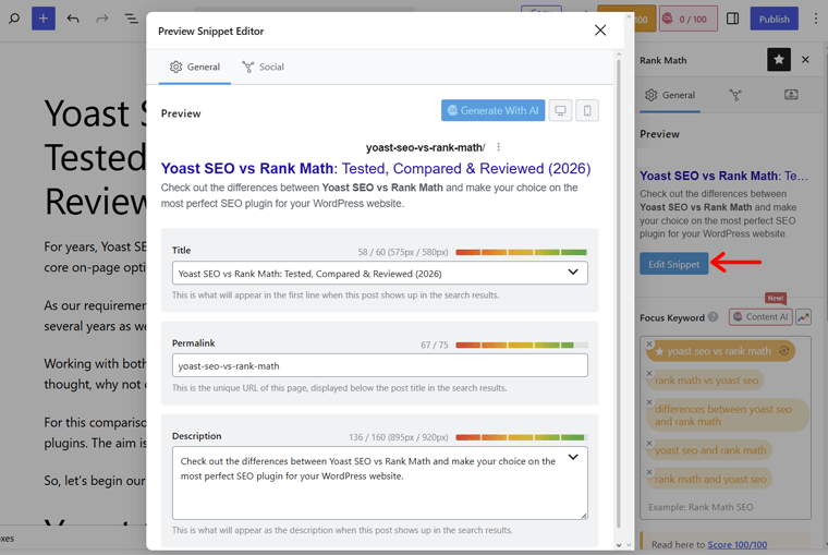 Keyword and Snippet Editor of Rank Math