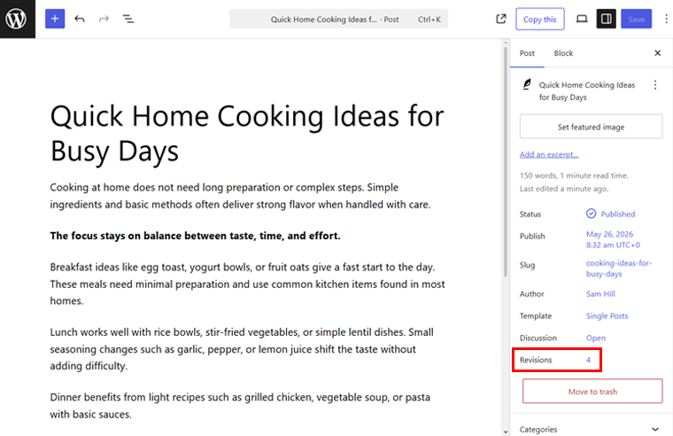 Open Revisions in Block Settings