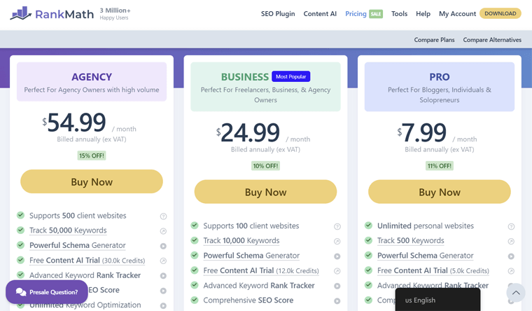 Rank Math Pricing Plans