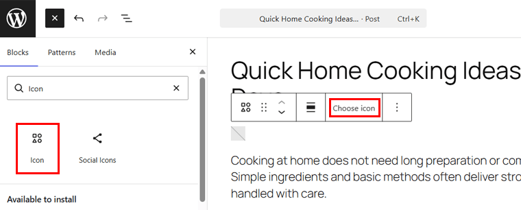Select Block and Choose Icon