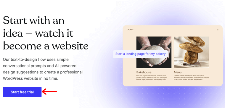 Click the Start Free Trial Button for WordPress.com AI Website Builder