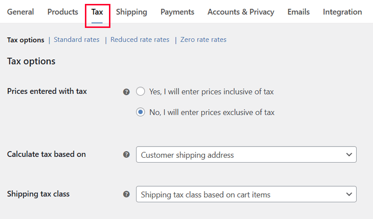 WooCommerce Tax Settings