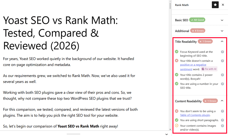 Title and Content Readability - Rank Math